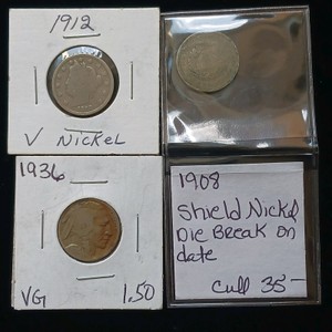 Lot of 3 Vintage US Nickels 1912 V-Nickel, 1936 Buffalo VG, 1908 Error Coins