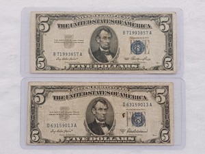 Lot of 2 Vintage $5 United States Silver Certificates - Series 1953 & 1953-A Blue Seals
