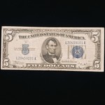 Series 1934-B $5 Silver Certificate featuring a blue Treasury seal