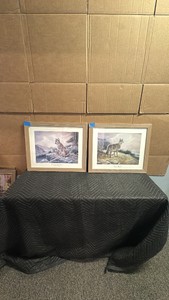Pair of matching wolf prints.  Matted and framed.