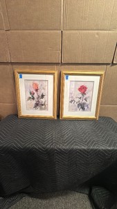 Set of vintage water colored paintings of roses, matted and framed