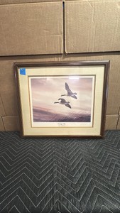 Framed wildlife art print is titled Evening Pair and features Canada geese in flight by artist Carl Melichair
