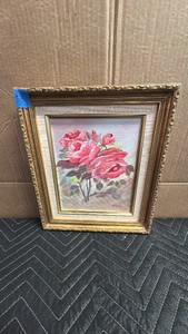 Framed vintage floral still life painting features pink and red roses