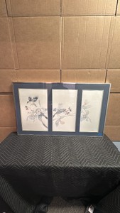 framed triptych artwork features impressionistic watercolor or lithograph bird and floral botanical prints