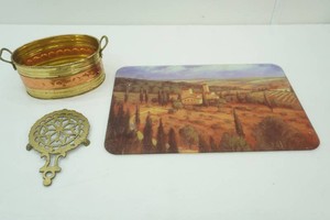 Vintage Glass Cutting Board, Metal Trivet, Metal Bucket