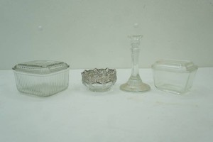 Pyrex covered refrigerator dish, Federal Glass Co. silver candy dish, candle holder