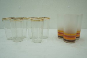 set of 3 Libbey Frosted tumblers, set 6 MCM Gold Rimmed drinking glasses