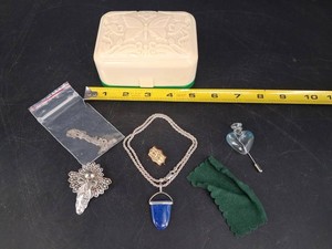 Mixed Lot Costume Jewelry, Blue Pendant & Decorative Trinket Box
