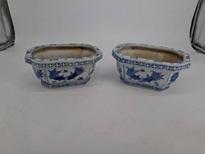 Blue & White Porcelain Fish Motif Jardiniere Pair