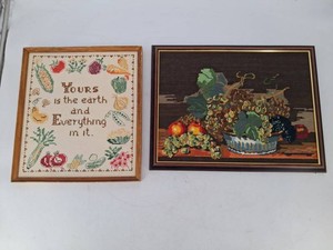 Framed Needlepoint Fruit Still Life & Vegetable Sampler (Lot of 2)