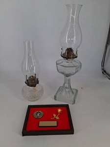 2 Glass Oil Lamps & Framed Scout Plaque Mixed Lot
