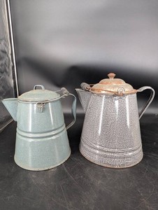 Vintage Enamelware Coffee Pots - Blue & Crackle Pattern (Lot of 2)