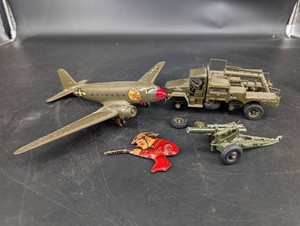 Vintage Tin Military Toy Mixed Lot - Airplane, Truck, Cannon & Soldier