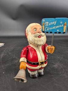 Vintage Japanese Tin Wind-Up Santa Christmas Toy With Bell