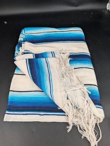 Blue & White Striped Woven Blanket Throw With Fringe