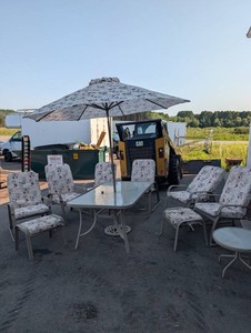 Patio Furniture Mixed Lot - Floral Patio Table, 6 Chairs, Umbrella & Ottomans