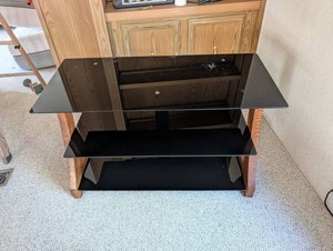 Wood & Black Glass Tiered TV Stand Media Console