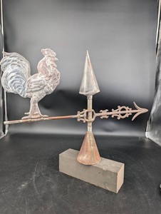 Cast Metal Rooster Weathervane With Arrow and Wood Base