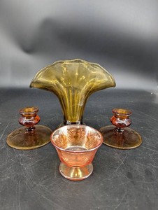 Vintage Amber Glass Centerpiece & Candleholders Mixed Lot (Lot of 4)