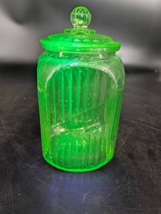 Vintage Uranium Green Glass Cookie Jar With Lid