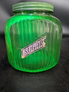 Vintage uranium Green Ribbed Glass Sugar Canister With Lid