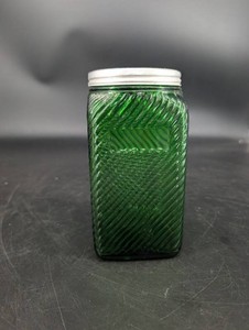 Green Ribbed Glass Jar With Silver-Tone Screw Lid