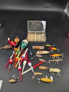 Vintage Fishing Lures, Bobbers & Tackle Box Mixed Lot