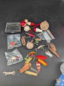 Vintage Fishing Lures, Floats & Johnsons Tackle Box Mixed Lot