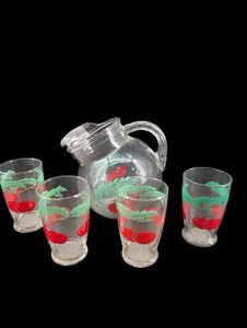 Vintage Cherry & Tomato Glassware Set - Pitcher & 4 Tumblers