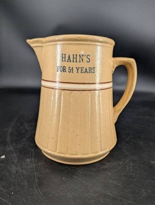 Hahns for 51 Years Stoneware Advertising Pitcher