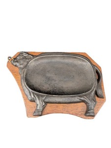 Cast Iron Pig-Shaped Tray Mounted on Wood