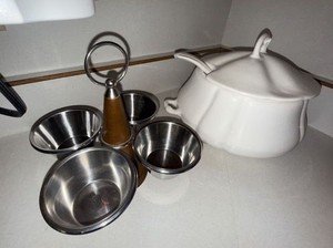 Ceramic Soup Tureen w Ladle & Stainless Condiment Bowl Caddy Set