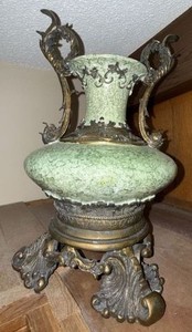 Victorian Style Green Crackle Glass Urn Vase With Ornate Metal Mounts