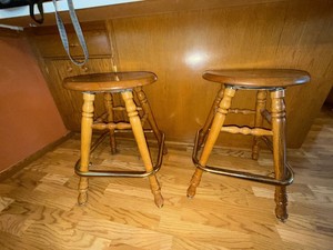 Pair of Vintage Oak Bar Stools Round Seat Turned Legs Metal Footrest