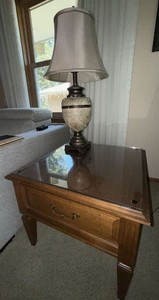 Wood End Table With Glass Top & Decorative Table Lamp Set