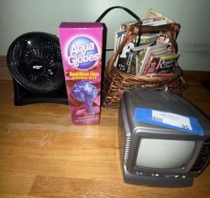 Mixed Household Lot Coby Mini TV Aqua Globes Fan Basket of Books