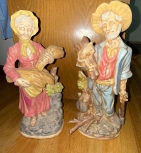 Vintage Country Folk Figurines Man & Woman Rustic Decor Pair