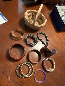 Lot of Assorted Fashion Bracelets Bangles & Small Wicker Basket