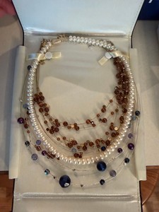 Multi Strand Faux Pearl Beaded Statement Necklace Brown Blue Tones