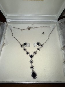 Fifth Avenue Collection Blue Crystal Necklace Earring Set Silver Tone