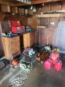 Box Lot of Assorted Garage Tools, Fuel Cans & Small Equipment