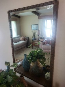 Vintage Brutalist Style Carved Wood Framed Wall Mirror 37x27