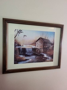 Framed Rustic Watermill Landscape Print Ducks Creek Brown Wood Frame
