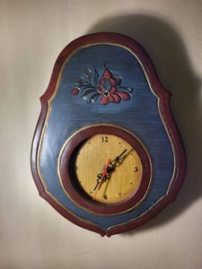 Hand Painted Folk Art Wooden Wall Clock Rosemaling Style Quartz