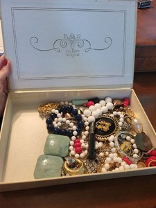 Vintage Costume Jewelry Estate Box Lot Rhinestone Deco Enamel White Beads