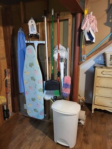 Box Lot of Assorted Cleaning & Laundry Supplies Trash Can Iron Board