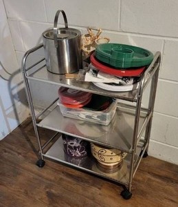 3-Tier Stainless Steel Rolling Utility Cart with Party Supplies and Decor