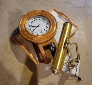 Vintage Oak Wall Clock and Brass Marble Piano Desk Lamp Lot