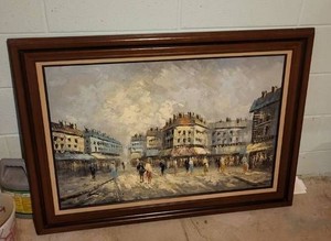 Large Framed Signed Impasto City Street Oil Painting 42 x 33