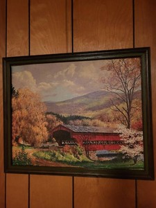 Robert Wood Covered Bridge Vintage Framed Textured Landscape Print